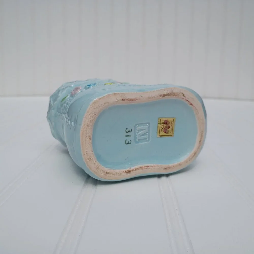 Napco Japan Vintage Baby Bootie Planter Blue Ceramic Laced Flower Mid-Century 4